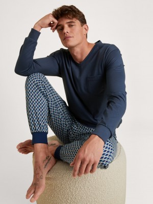 Pigiami Uomo Calida Relax Imprint 3 Pyjama With Cuff Blu | 5921-JOFNR